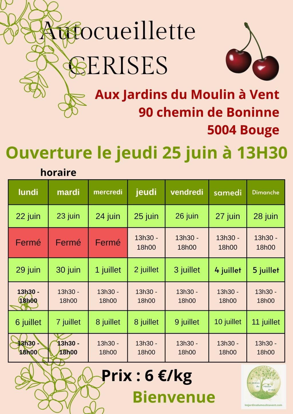 autocueillette des cerises aux Jardins du Moulin à Vent juin et juillet 2026